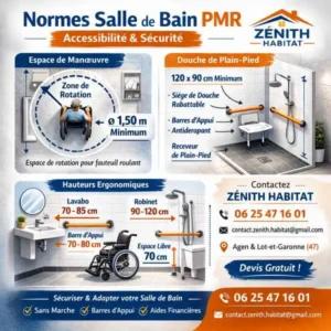Salle de bain sécurisée PMR. Aménager une salle de bain PMR implique de respecter des normes réglementaires précises. Ces normes garantissent à la fois l’accessibilité des installations pour les personnes en fauteuil roulant et la sécurité de tous les habitants